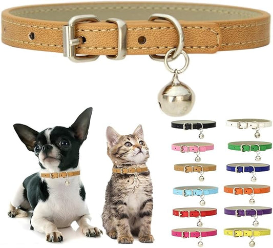 XS Dog Collar with Bell, Soft Pu Leather Cat Collars Adjustable Buckle for XXS Extra Small Medium Tiny Female Male Boys Girls Pets Puppy Kitten Teacup Yorkie Khaki X-Small