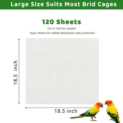 ZIQON 120 Pcs Bird Cage Liner Papers Big Size Cage Paper Liners Disposable Cage Paper Liners Precut Absorbent Cushion Pad Mat Accessories for Pet Bird Parrot (White, 18.5 * 18.5 inch)