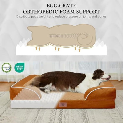 Comfort Expression Orthopedic Dog Bed for Large Dogs 38x25 Inch, Waterproof Supportive Egg Crate Foam Large Pet Bed with Removable Bolsters, Dog Couch with Washable Cover & Non-Slip Bottom, Orange