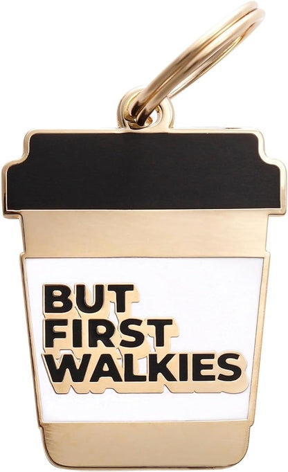 Two Tails Pet Company Personalized 'But First Walkies' Pet ID Tag & Collar Charm - Custom Engraved Dog Tags for Pets - Luxury Brass, Gold Plating