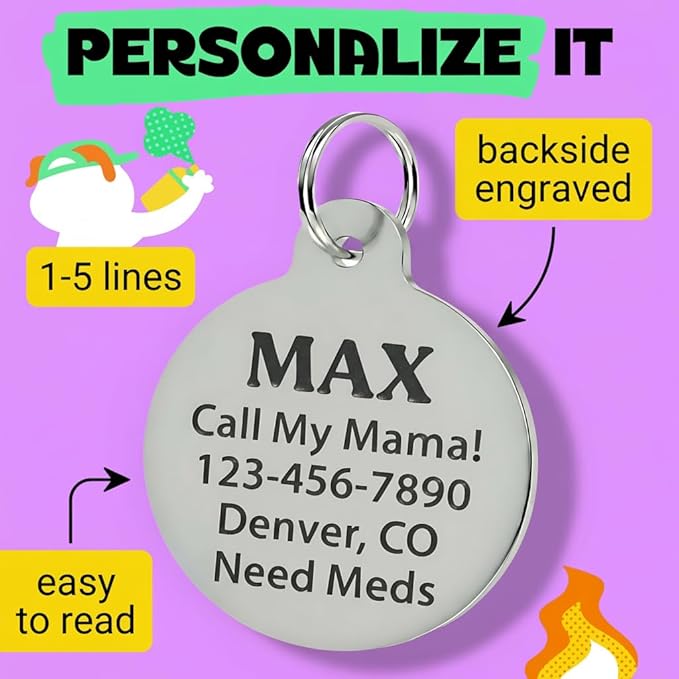 Bad Tags Personalized Dog and Cat ID Tags in 25+ Designs and 2 Sizes - 5 Lines of Custom Engraved Text - Funny Cute Personalized Pet Tags (Invader of Personal Space - Blue, Large (1.25 inch))