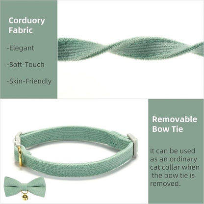 Soft Corduroy Cat Collar, Plaid Pattern, with Bell and Bowtie, Quick Release,Safety Breakaway Clasp, Adjustable for Kitten and Cats.(White+Green)