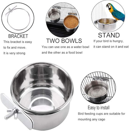 PINVNBY Parrot Feeding Cups Birds Food Dish Stainless Steel Parrot Feeders Water Cage Bowls with Clamp Holder for Cockatiel Conure Budgies Parakeet Parrot Macaw Small Animal Chinchilla Pack of 2