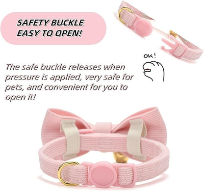 Soft Corduroy Cat Collar with Bell and Bowtie, Safety Breakaway Clasp, Adjustable for Kitten and Cats Pink Color.