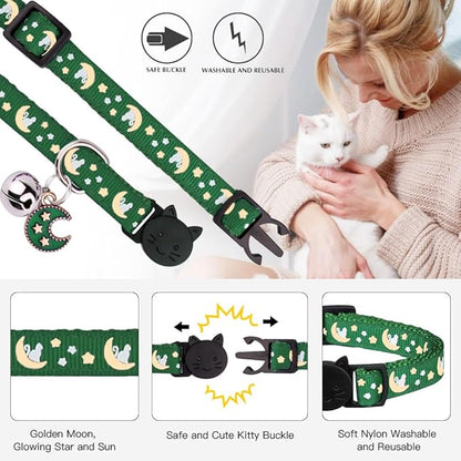 2Pcs Breakaway Cats Collars Cat Collars for Boy & Girl Cats Adjustable Kitten Collars with Bell,Black+Emerald