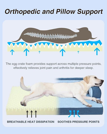 KSIIA Washable Dog Bed XXL Senior Dog, Orthopedic Warm Soft Pet Sofa Waterproof Pet Couch with Sides, Non-Slip and Egg-Crate Foam Jumbo Beds with Removable Cover, 47x32Inch, Blue