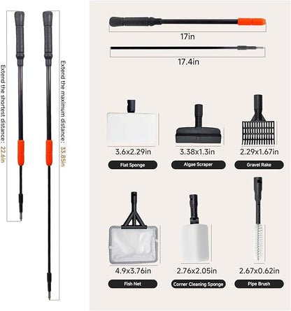 6 in 1 Aquarium Cleaning Tool Kit, Telescopic Handle Design, for 20-160 Gallon Freshwater and Saltwater Aquariums, Includes Algae Scraper, Sponge Pad, Pipe Brush, Gravel Rake, Fish Net