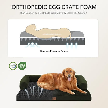 Orthopedic Dog Beds for Extra Large Dogs, Waterproof Egg Crate Foam XL Dog Bed with Sides 45x35Inch, Big Dogs Couch Beds with Removable Washable Cover and Nonskid Bottom, Olive Green