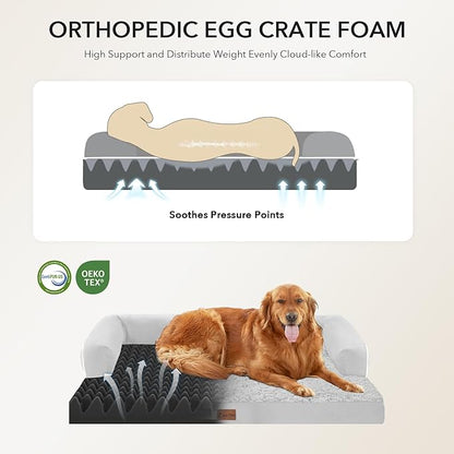 Orthopedic Dog Beds for Extra Large Dogs, Waterproof Egg Crate Foam XL Dog Bed with Sides 45x35Inch, Big Dogs Couch Beds with Removable Washable Cover and Nonskid Bottom, Grey White