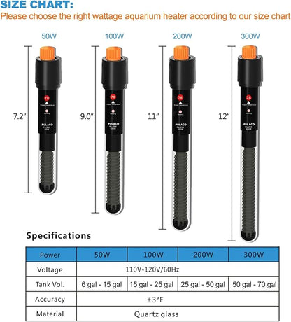 PULACO 100Watt Aquarium Heater for 15-25 Gallon Fish Tank, Adjustable Submersible Heater Thermostat with Thermometer Strip and Suction Cup