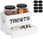 Dog Treat Jar for Countertop, 9.8 * 5.1 * 6'' 2 Layer Dog Treat Container with Drawer 2Jars and Sticker Wooden Pet Food Organizer Storage Basket For Pets Great Gift for Pets' Owners (White)