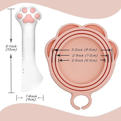 3 Pcs Cat Food Can Lids & One Opener | Cute Paw Shape Can Covers and Opener Spatula Cat Spoons for Wet Food | Universal BPA Free Silicone Spoon & Covers for Dog Cat Cans(Pink)