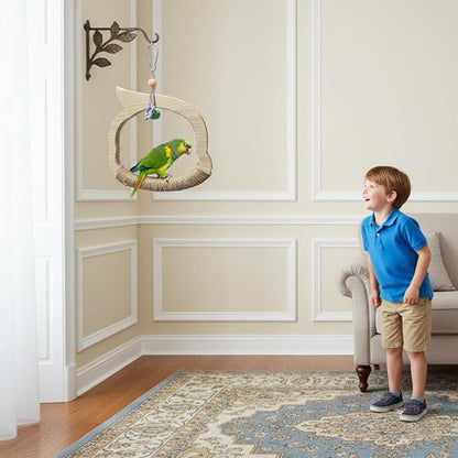 Wooden Bird Swing Perch Toy for Small and Medium Parrots, Natural Wood Ring with Bell and Rope Wrap, Hanging Cage Toy for Cockatiels, Budgies, Lovebirds, Conures