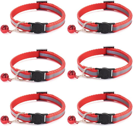 6 Pack Reflective Cat Collar with Bell, Breakaway and Safe Collars for Cats, Nylon, Pet Collar Mixed Colors Adjustable19-32cm (Red)