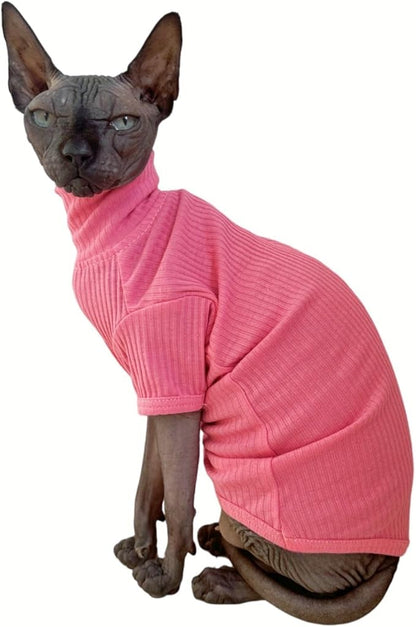 Sphynx Hairless Cats Shirt Cotton Cat Turtleneck Sweater Pullover Kitten T-Shirts with Sleeves Cat Pajamas Jumpsuit for Sphynx (Medium (Pack of 1), Rosey Pink)