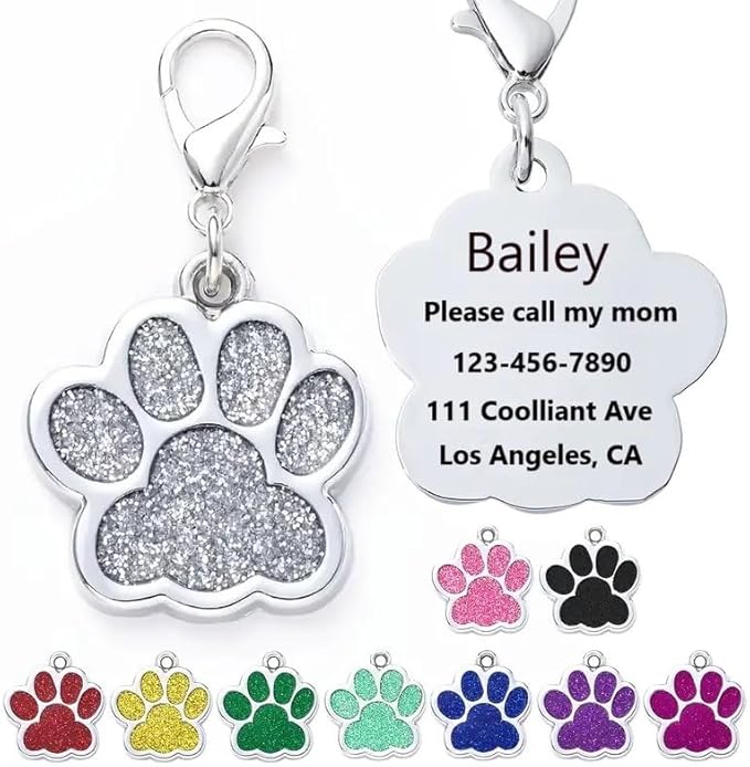 Cute Personalized Pet Name Tags for Cats/Dogs - Glitter Custom pet id tag, Dog id Tags Engraved for Pets, Customizable cat tag, pet Collar Charms, Dog Name tag (Paw-Shaped-Small: Blue)