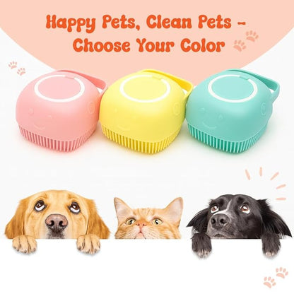 HamInWay Dog Bath Brush, 2-in-1 Dog Grooming Brush with Built-in Shampoo Dispenser, Gentle Silicone Bristles for Bath & Massage, Non-Slip Handle, Easy Clean Design for Dogs, Cats & Small Pets, Yellow