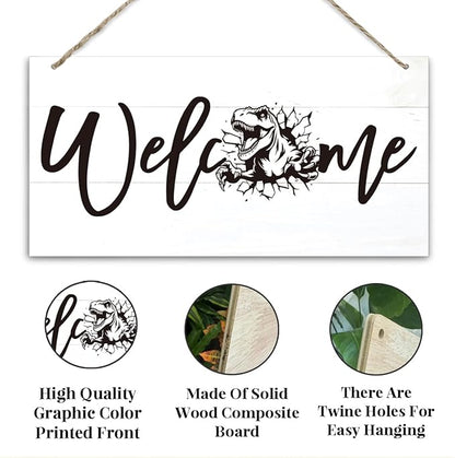 Welcome Sign for Front Door, Welcome Decor Wooden Hanging Sign, Tyrannosaurus Rex Pattern Wall Hanging Decor, Funny Wooden Outdoor Front Door Decoration 13.8X6.9 inches