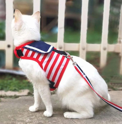 Cat Harness and Leash for Walking Escape Proof, Adjustable Cat Vest Harness, Padded Stylish Cat Walking Jackets, Sailor Suit Red, Large