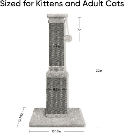 AGYM Cat Scratching Post, 32 Inch Cat Scratching Posts for Large Cats, Scratching Posts for Indoor Cats Adults, Cat Scratch Post with Nature Sisal, Full Gray