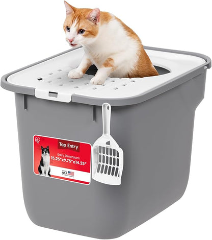 IRIS USA Cat Litter Box, Large Cat Box Enclosure, Top Entry with Litter Catching Lid, Enclosed with Scoop, Gray/White