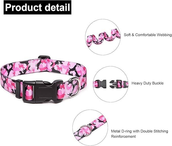 Mercano Adjustable Dog Collar - Special Design Patterns, Soft Nylon Comfortable Durable Pet Collar for Small Medium Large Dogs (XS, Dog Camouflage Pink)