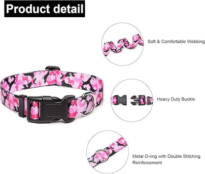 Mercano Adjustable Dog Collar - Special Design Patterns, Soft Nylon Comfortable Durable Pet Collar for Small Medium Large Dogs (XS, Dog Camouflage Pink)
