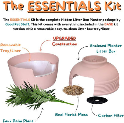 Good Pet Stuff Hidden Litter Box Planter, Decorative Cat Litter Enclosure with Carbon Filter, Artificial Plant, Easy Clean, Removable Liner, Round Style, Essentials Kit, Blush Pink