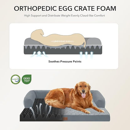 Orthopedic Dog Beds for Large Sized Dogs, Waterproof Egg Crate Foam Large Dog Couch Beds with Comfy Bolster 36x27Inch, Washable Pet Beds with Removable Cover and Nonskid Bottom, Grey