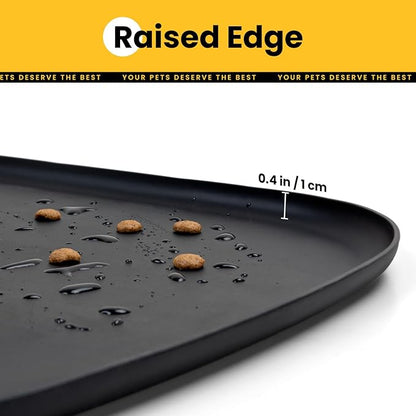 Silicone Dog Food Mat with Side Pocket & Hook Hole, Soft Raised Edges, Easy Clean Waterproof Non-Slip Pet Feeding Mat for Cats and Dogs Water Bowl, Pets Accessories(24"x16",Black)