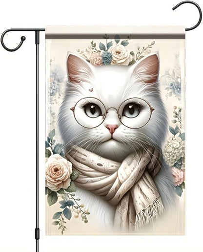 Cat Garden Flag 12x18 Inch Double Sided Outdoor Yard Banner White Cat with Glasses and Scarf Floral Design for Spring Summer Patio Porch Lawn Decoration