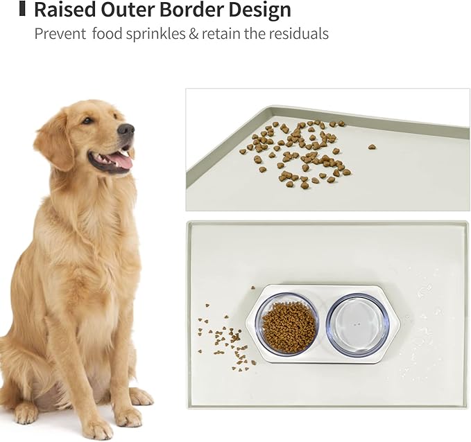 Dog Food Mat,Silicone Waterproof Food Tray,Non Slip Pet Bowl Mats Placemat,0.6" Raised Edge,Suitable for Most Small and Medium Sized Pets,18.5" x 11.5"