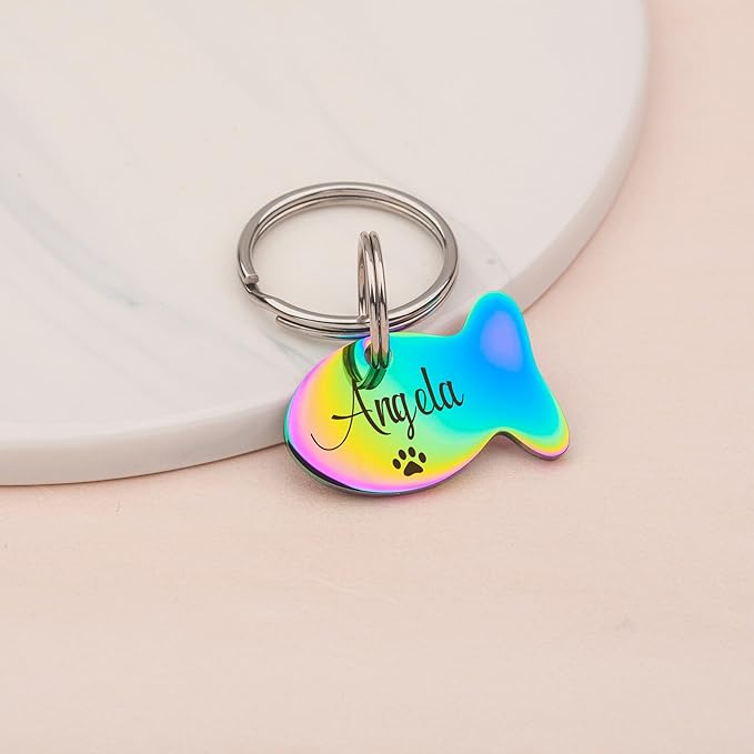 Anavia Small Size Dog Cat ID Tags, Small/XS Personalized Color Plated Stainless Steel Puppy Kitten Name Tags, Customized Engraved Nameplate Pet Collar Tag (Purple, Fish)