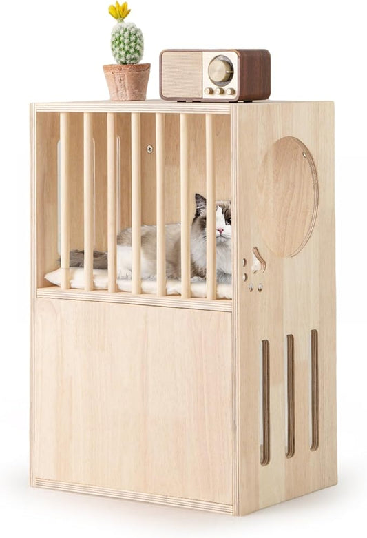 Tangkula 2-Tier Luxury Wood Cat House, Wooden Kitten Cage Condo with 2 Washable Plush Cushions, 2 Access Holes, Indoor Pet Playpen Cat Catio End Side Table Nightstand, Ventilated Cat Bed Furniture
