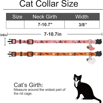 Halloween Cat Collar, Cotton 2 Pack Cat Collar with Bells, Breakaway Collars for Girl Boy Cats Kittens, Halloween Pink