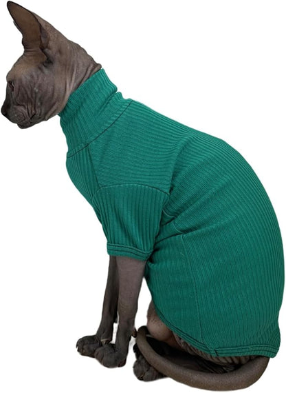 Sphynx Hairless Cats Shirt Cotton Cat Turtleneck Sweater Pullover Kitten T-Shirts with Sleeves Cat Pajamas Jumpsuit for Sphynx Cornish Rex, Devon Rex, Peterbald (Large (Pack of 1), Peacock Green)