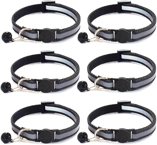 6 Pack Reflective Cat Collar with Bell, Breakaway and Safe Collars for Cats, Nylon, Pet Collar Adjustable19-32cm (Black)
