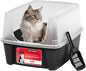 IRIS USA Large Cat Litter Box with Scatter Shield and Scoop, Open Top High Sided Cat Litter Pan, Black