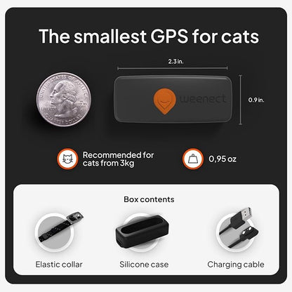 Weenect Cat XS - New GPS Tracker for Cats | Real-time Mini GPS Tracker for Cats | Smallest Model on The Market | Collar Included | Subscription Required (Black, Tracker XS)