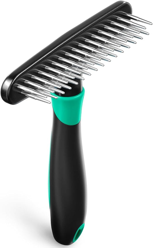 Deshedding Brush Comb - Undercoat Rake for Dogs, Cats, Short, Long Hair Coats - Double Row Stainless Steel Pins - Reduce Shedding by 90% (Green)