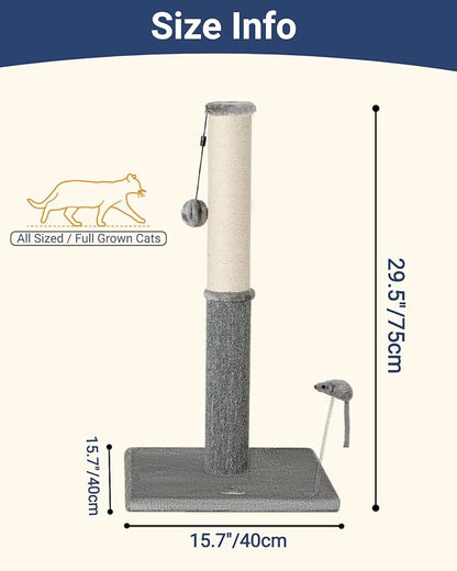 Happi N Pets 29.5" Tall Cat Scratching Post, Cat Scratchers for Indoor Cats, Sisal Scratch Post & Carpet Post in One, Stable Cat Scratch Post with Two Toys, Extra Free Toy, Light Gray