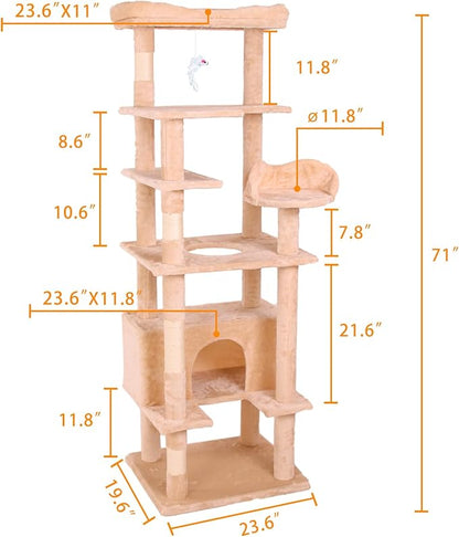 71'' Velvet Cat Climbing Frame, Multi-Level Cats Tree Tower with Scratching Posts, Large Top Padded Perch and Playhouse, Anti-Tipping Devices for Indoor Cats Activity Center (Cream White)