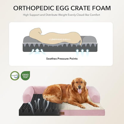 Orthopedic Dog Beds for Extra Large Dogs, Waterproof Egg Crate Foam XL Dog Bed with Sides 41x27Inch, Washable Big Dogs Couch Beds with Removable Cover and Nonskid Bottom, Pink
