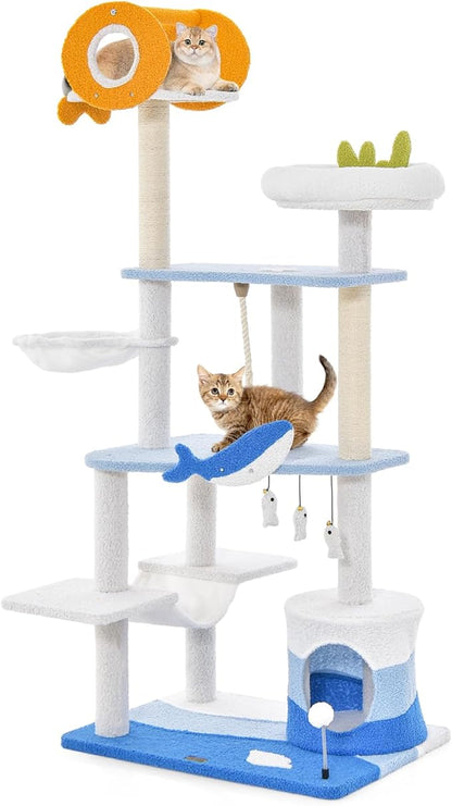 Tangkula Ocean-Themed Cat Tree, 3-Level Cat Tower with Sisal Scratching Posts, Condo, Perch, Hammock, Dangling Toys, Spring Ball, Sisal Rope, Cute Cat Activity Center for Indoor Cats (66 Inch)