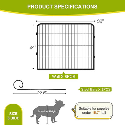 BestPet Dog Playpen 24 Inch 8 Panels Heavy Duty Metal Pet Exercise Pen Indoor Outdoor Without Door Fence Panels Anti-Skid Expandable Design