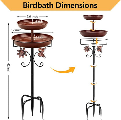 Daoeny Bird Bath for Outside, 42In Vintage Freestanding Birdbaths for Outdoors, Double Metal Bird Bath Feeder Bowls for Garden Patio Yard Lawn Decor, Upgraded 5-Pronged Base (Brown)