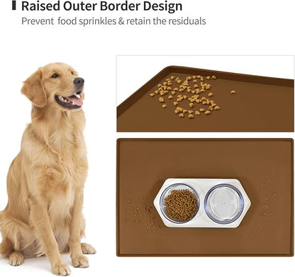 Dog Food Mat,Silicone Waterproof Food Tray,Non Slip Pet Bowl Mats Placemat,0.6" Raised Edge,Suitable for Most Small and Medium Sized Pets,24" x 16"