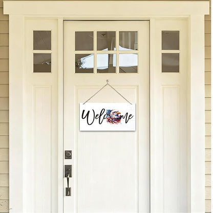 Welcome Sign for Front Door, Welcome Decor Wooden Hanging Sign for Wall Decor, American Bald Eagle Pattern Hanging Signs, Funny Wooden Outdoor Front Door Decoration 13.8X6.9 inches