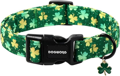 DOGWONG St Patrick's Day Dog Collar-Cute Green Clovers Dog Collars, Adjustable Shamrock Pet Collars Trefoil Puppy Collars with Quick Release Buckle for Girl&Boy Dogs,M