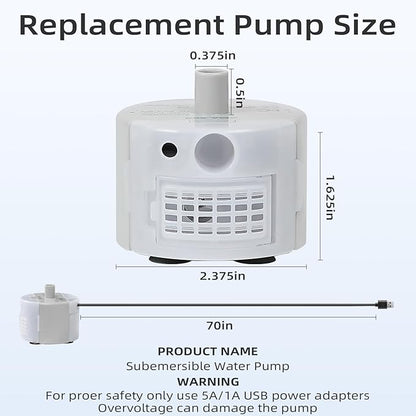 Glass Cat and Dog Water Fountain 90oz/2.7L, SMA-800 Ultra-Quiet Replacement Pump - Safe and Easy to Clean with Low Voltage DC 5V and USB Cable (Pump+2 Black Filter Cottons)